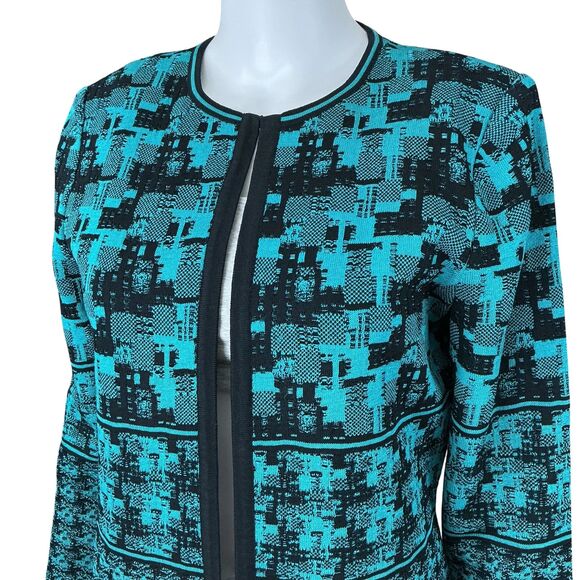 Ming Wang Cardigan Size S Turquoise Black Artsy Print Quiet Luxury Art-to-Wear - Picture 2 of 13